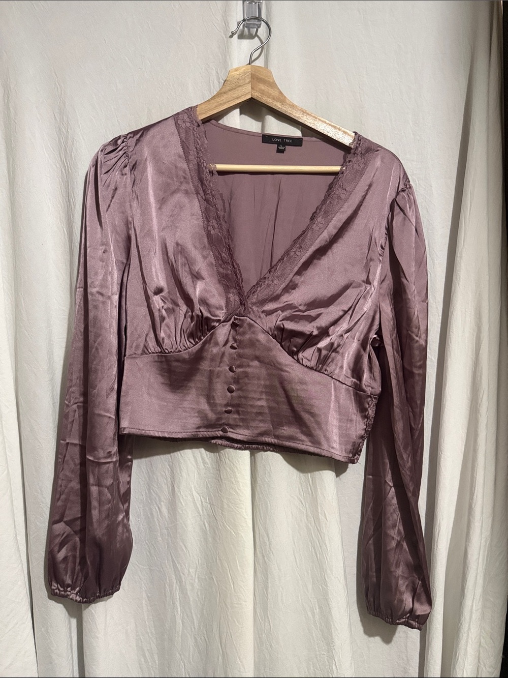 Love Tree Dusty Mauve Satin V-Neck Lace-Trim Cropped Blouse